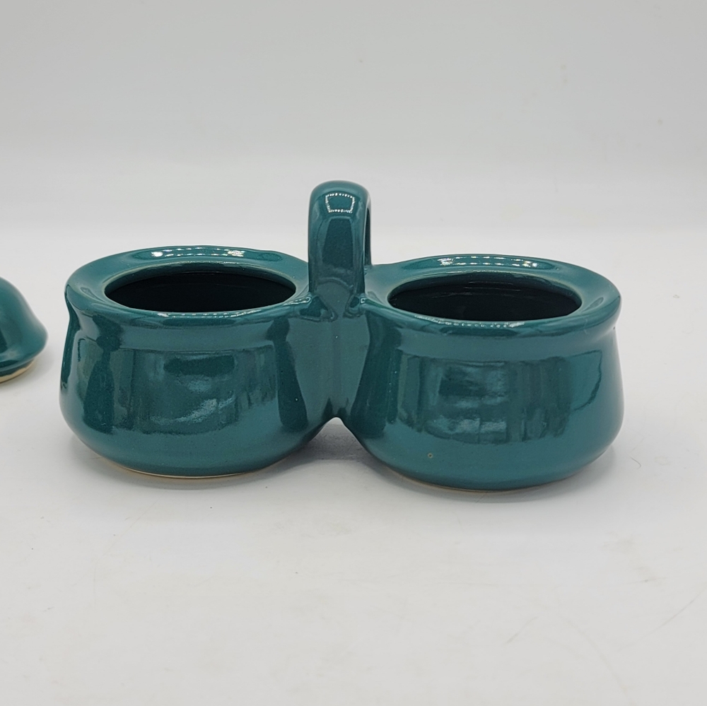 Teal Ceramic Vintage Taiwan Double Condiment Jar with Lids & Wooden Handle Spoon - Picture 4 of 8